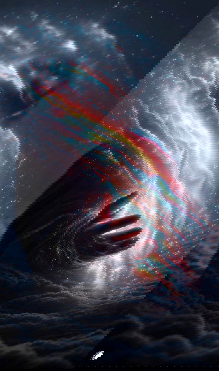 Сюрреалистичное изображение протянутой руки и разноцветных светящихся потоков на тёмном космическом фоне, символ духовного поиска и внутренней тишины.
