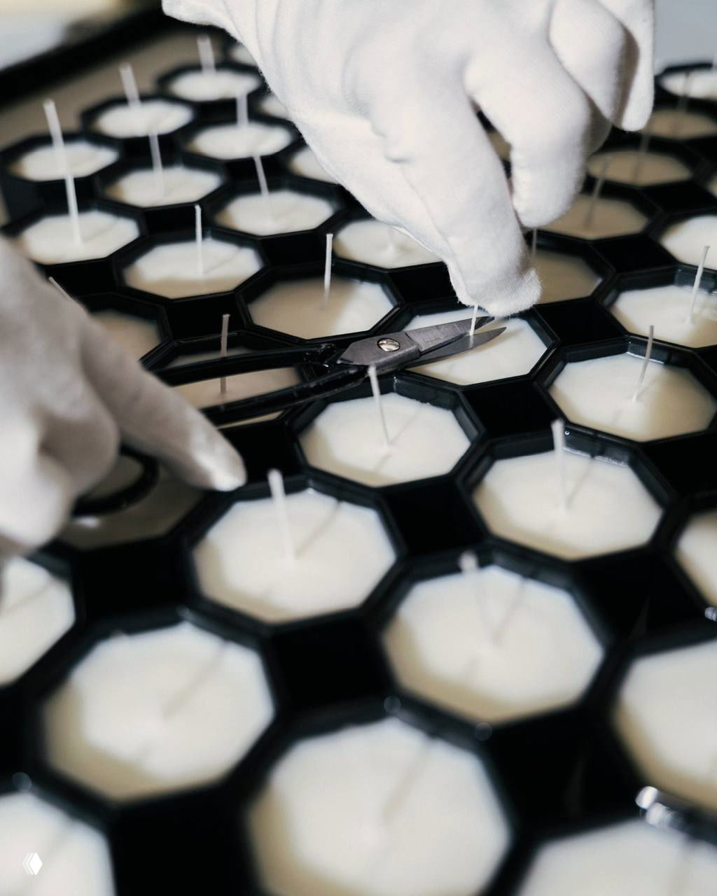 Процесс изготовления ароматических свечей: рабочие в перчатках аккуратно подрезают фитили в готовых формах — деталь ручного производства.