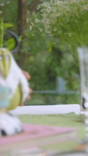Фарфоровая фигурка Lladro «Ёкай. Тэнгу» на столе в интерьере: зелёный диван и растения на фоне, подчёркнуты форма и цвет изделия.
