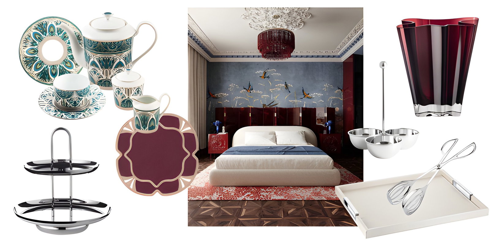 Коллаж: сервиз Haviland «Мечты о Ниле» в эклектичной спальне — поднос, бордовые плейсматы и декоративные предметы для контраста.
