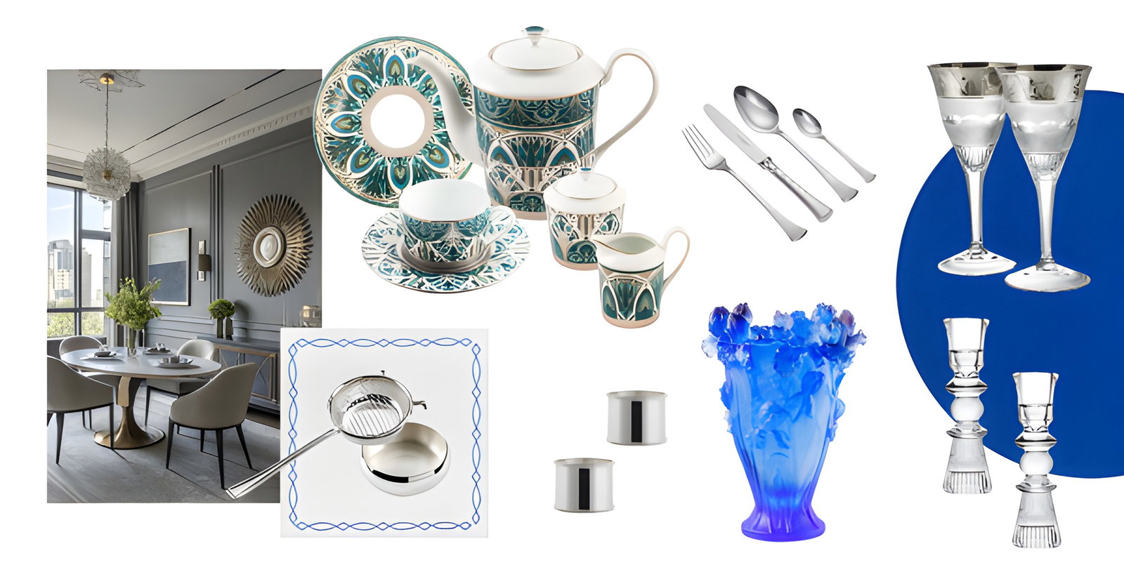 Коллаж: классическая сервировка с сервизом Haviland «Мечты о Ниле», серебряными приборами, бокалами Moser и кобальтовой хрустальной вазой.