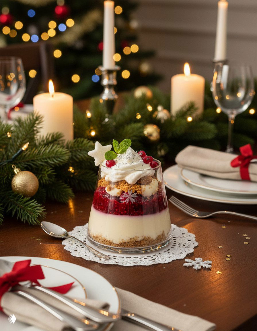 Многослойный десерт в широком бокале на сервировочной тарелке, украшенный ягодами и мятой, в рождественской атмосфере.