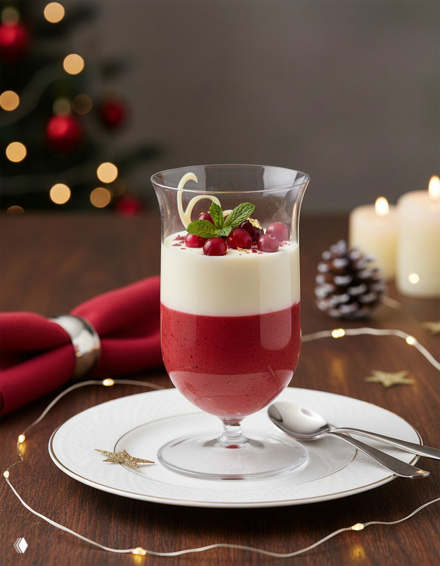 Мусс и парфе с контрастными красными и белыми слоями в прозрачном бокале на тарелке с декором и серебристой столовой ложкой.