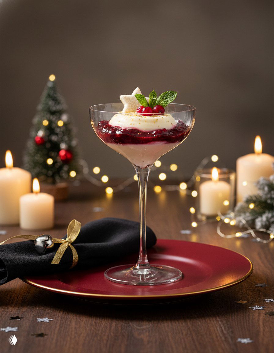 Панна котта с ягодным слоем в широком фужере, рядом горящие свечи и новогодние украшения на столе для камерной сервировки.