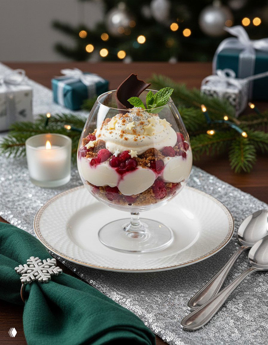 Стеклянный бокал с парфе, украшенный шоколадной деталью и мятой, на столе с подарками и праздничным декором.