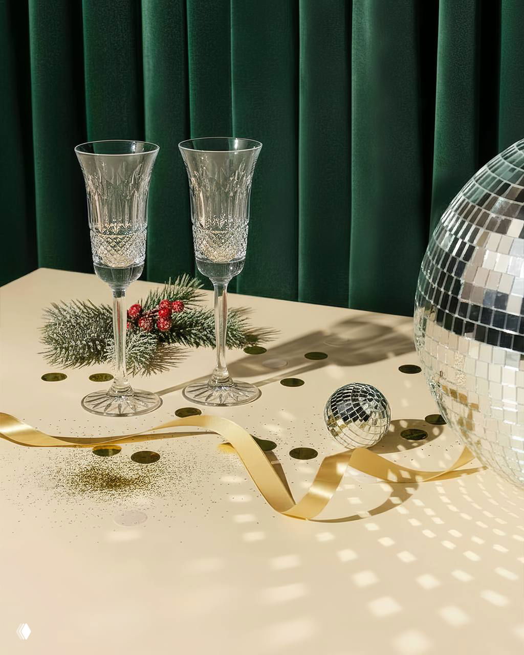 Два тонких хрустальных бокала на светлом столе на фоне зелёной шторы и диско-шара, праздничная сервировка с золотыми деталями.