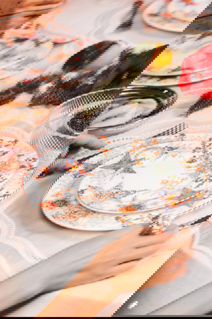 Крупный вертикальный кадр: руки ставят фарфоровую тарелку из коллекции «Счастливая звезда» на белую скатерть рядом с еловой веткой.