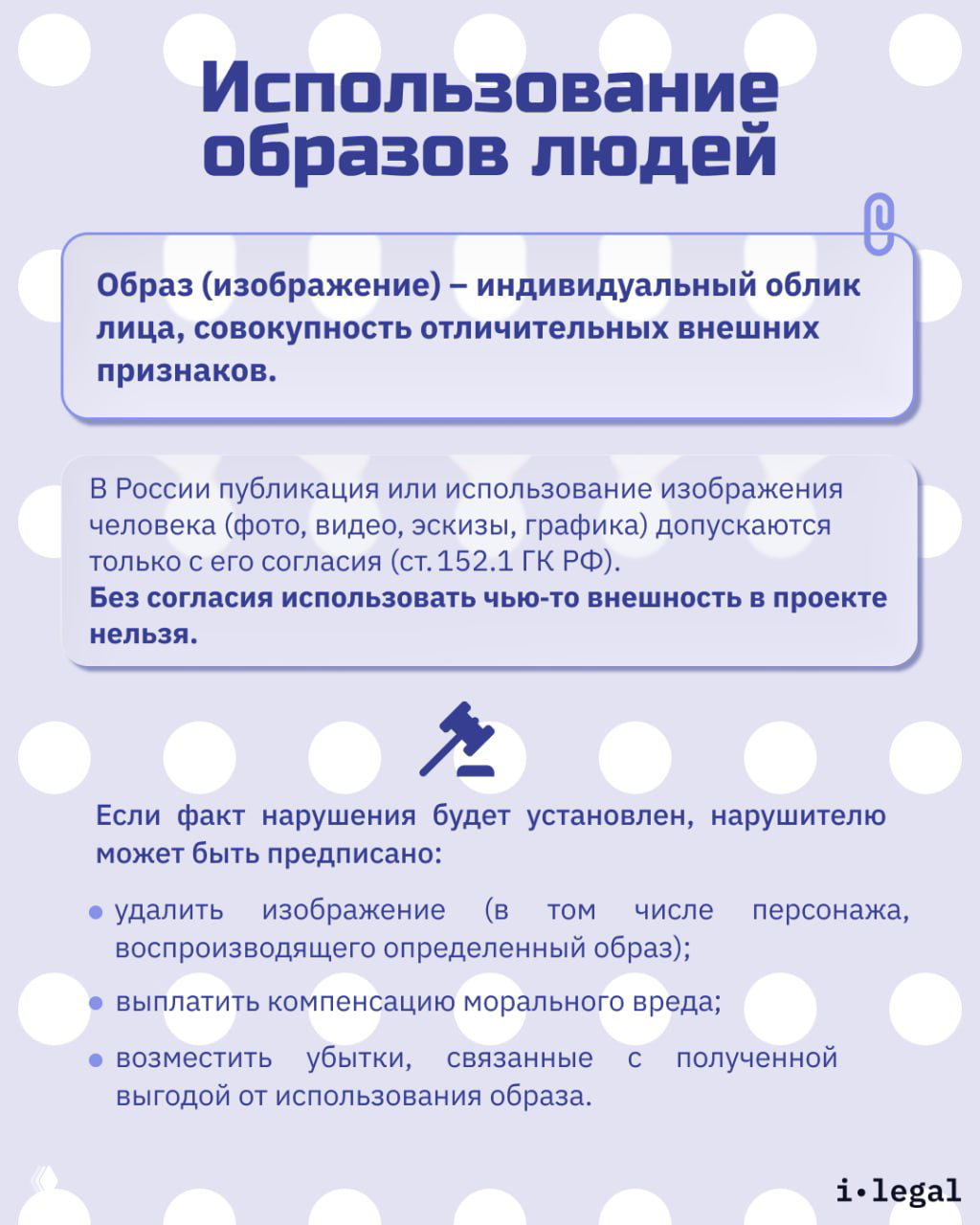 Инфографика с определением образа человека и указанием на ст.152.1 ГК РФ, а также перечнем возможных предписаний при нарушении прав