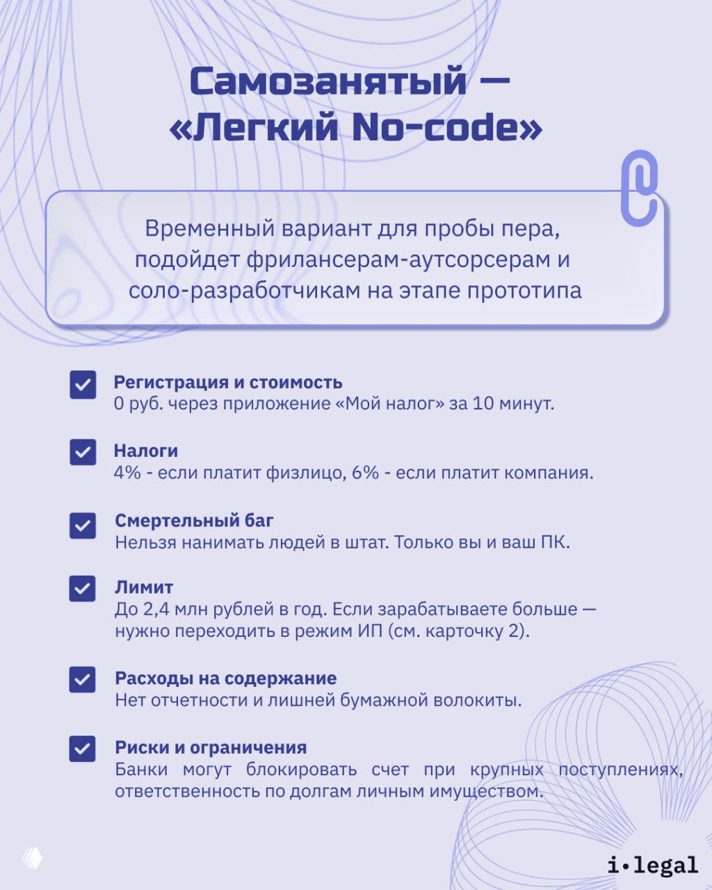 Инфографика про самозанятость: преимущества и ограничения для фрилансеров и соло‑разработчиков на этапе прототипа, ключевые пункты и лимиты.
