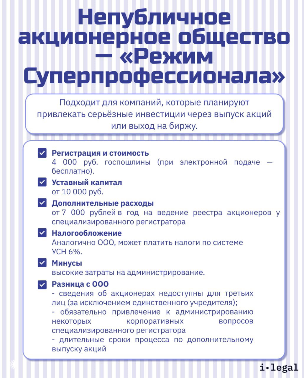 Карточка про непубличное акционерное общество: режим для привлечения серьёзных инвестиций, регистрация, уставный капитал и административные расходы.
