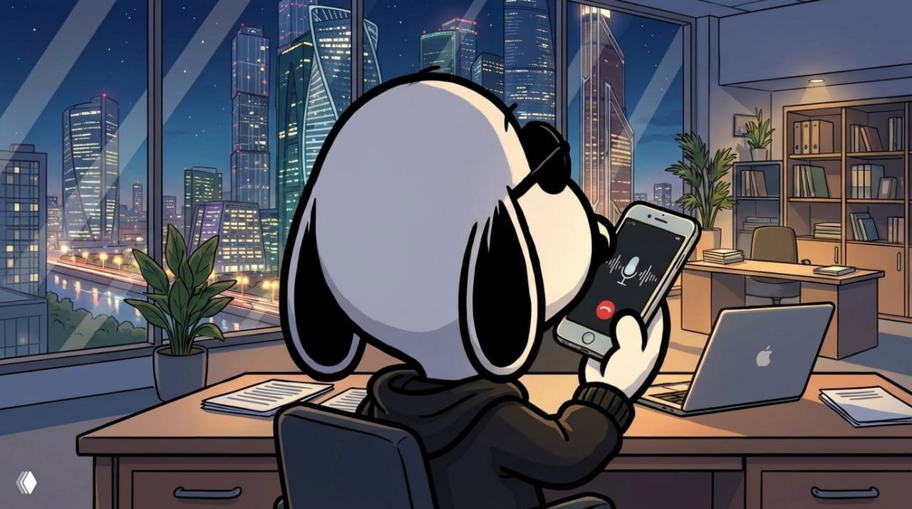 Иллюстрация: персонаж в наушниках диктует в смартфон в офисе; на столе — ноутбук и бумаги, за окном ночной город.