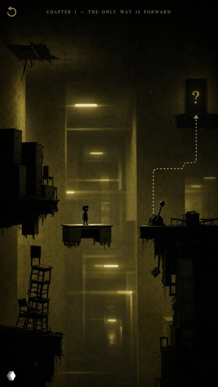 Пазл-платформер в стиле Limbo: силуэт персонажа на плавающих платформах и глубокая вертикальная перспектива лиминального зала с подъёмом к загадочному знаку вопроса.