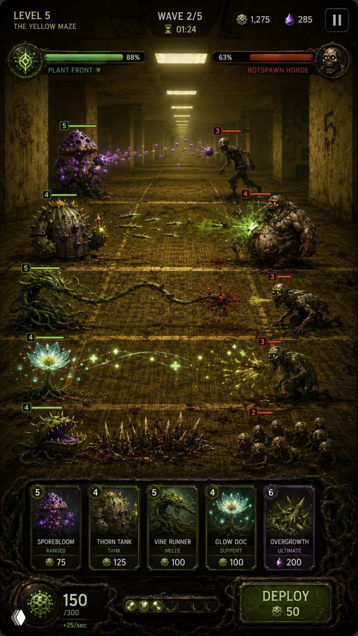 Интерфейс tower defense в лиминале: ряд боевых растений и враждующие тени, шкалы уровня и карточки юнитов внизу экрана — тёмная, мрачная палитра.