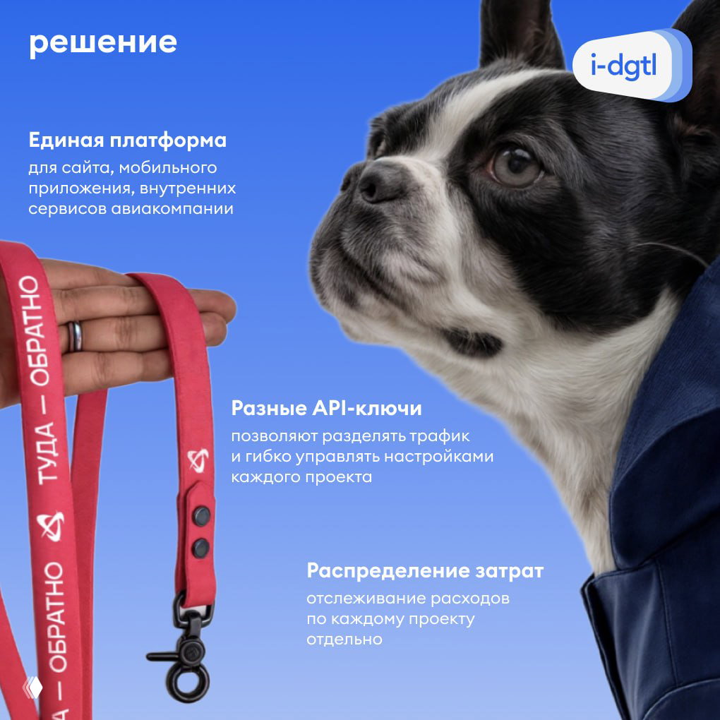 Коллаж с изображением собаки и красного шнурка‑брелока, элементы брендинга и подписи о единой платформе, разных API‑ключах и распределении трафика.