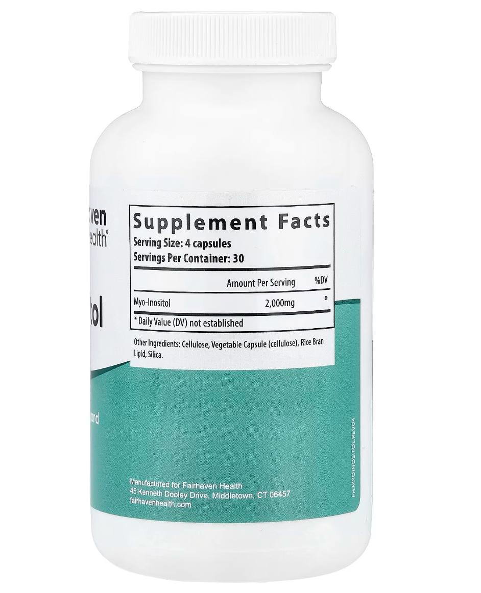 Обратная сторона упаковки Fairhaven Health Myo‑inositol: этикетка Supplement Facts с дозировкой 2000 mg и списком ингредиентов.