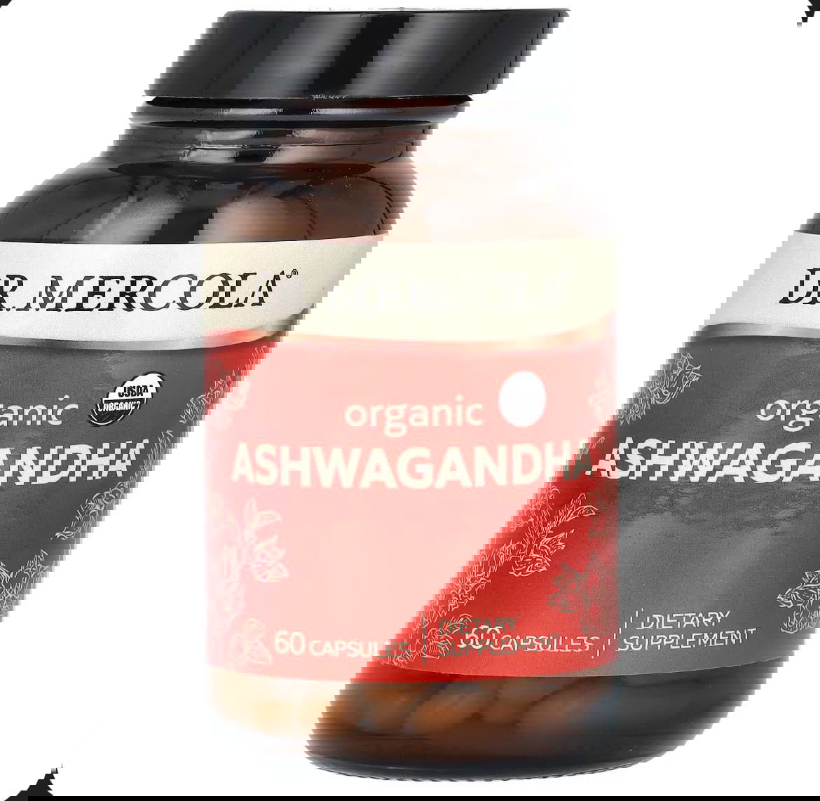Фотография бутылки Dr. Mercola Organic Ashwagandha с красной этикеткой, видна надпись и указание количества капсул.
