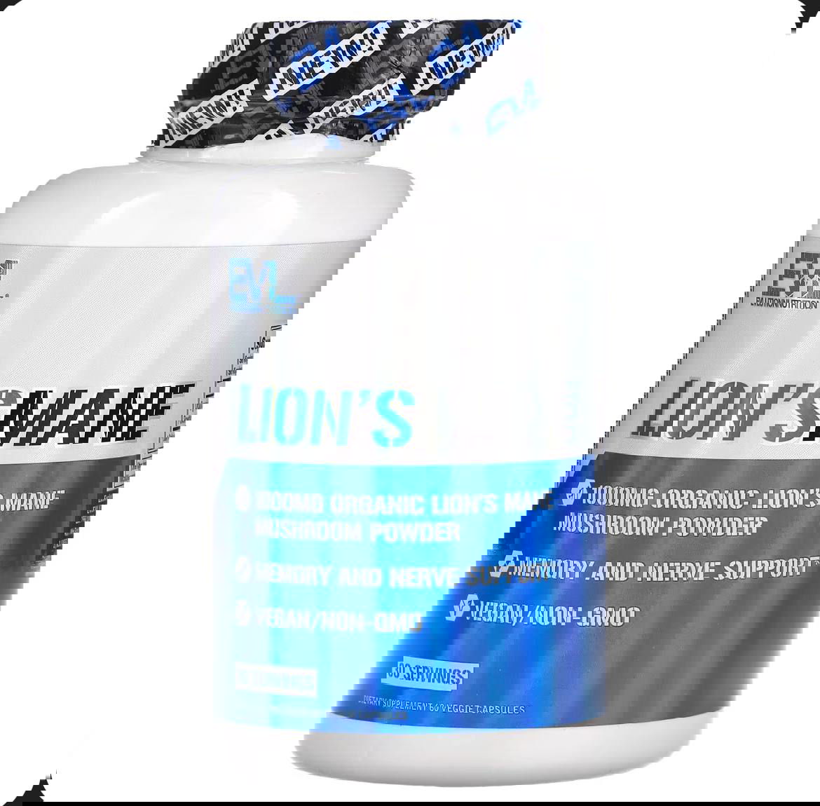 Бутылка EVLution Lion's Mane (ежовик гребенчатый): белая банка с сине‑черной этикеткой и надписью о поддержке памяти и нервной системы.