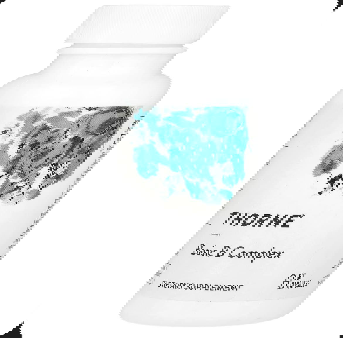 Упаковка Thorne Basic B Complex — белая банка с бирюзовыми элементами дизайна и надписью Basic B Complex на этикетке.