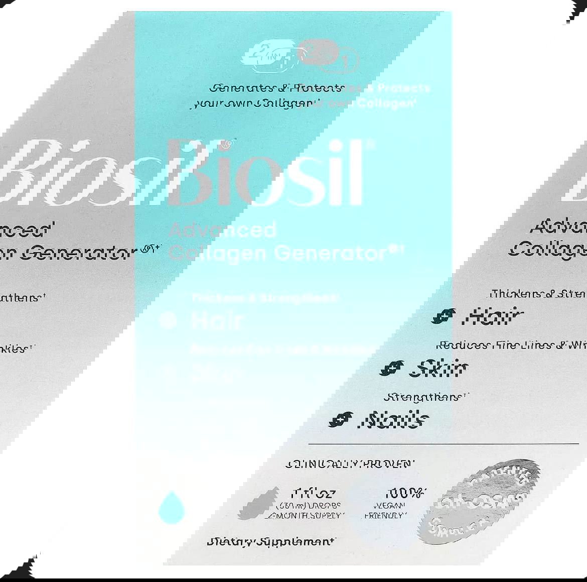 Картонная коробка Biosil Advanced Collagen Generator в бирюзовом градиенте с указанием эффектов для волос, кожи и ногтей.