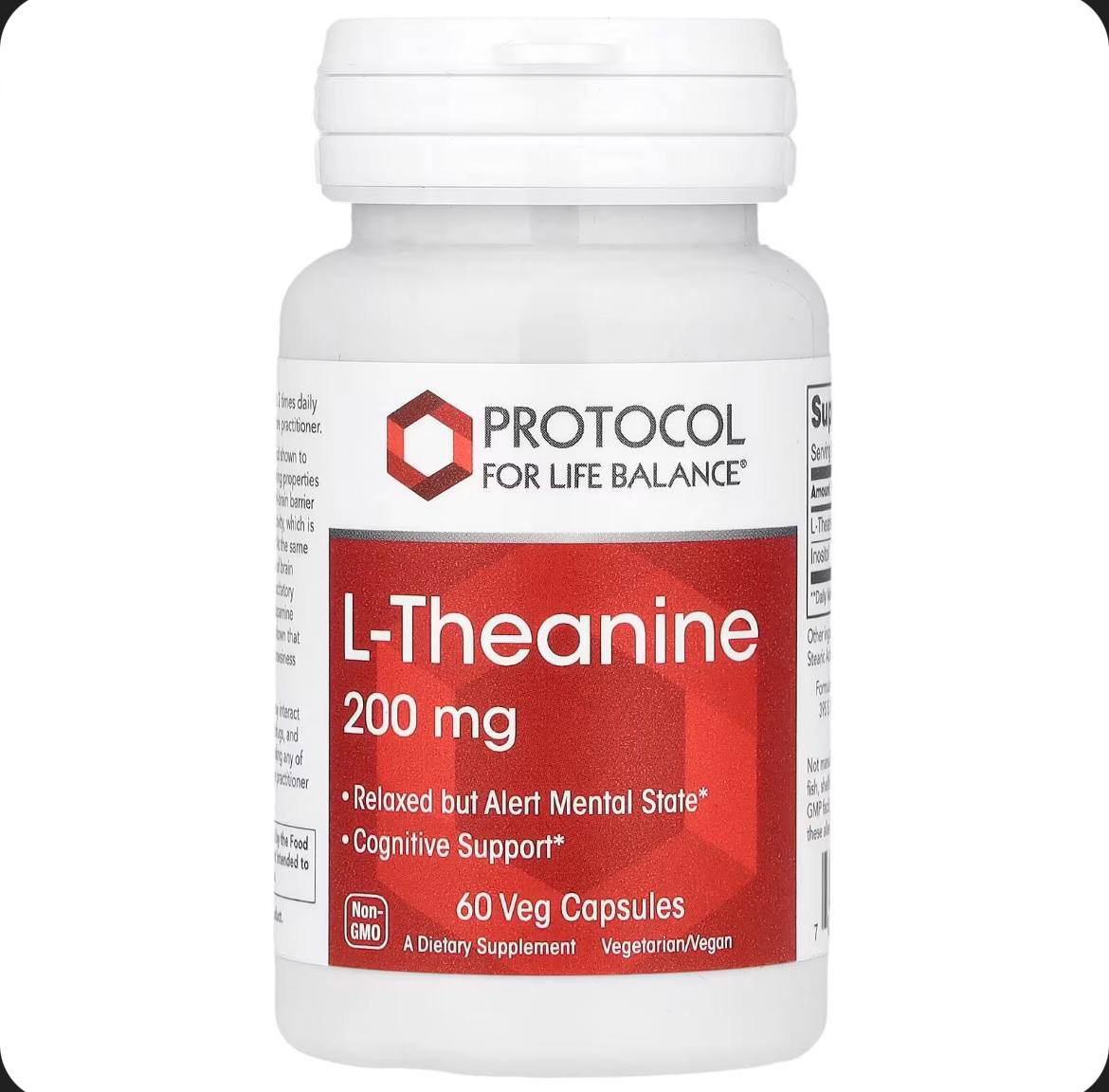 Белая банка L-Theanine 200 mg (Protocol for Life Balance) с красной этикеткой; крупный план упаковки добавки для расслабления и концентрации.