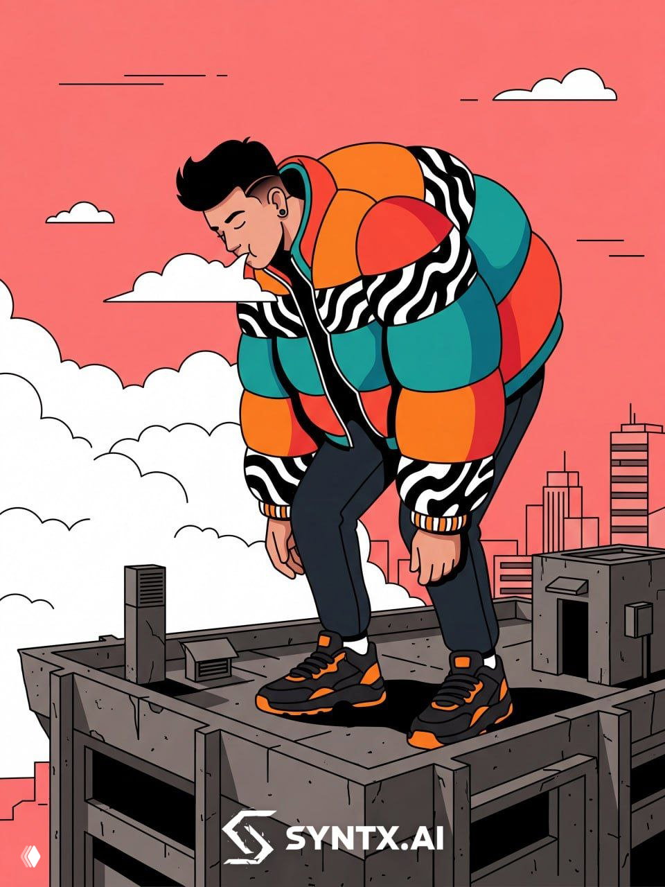 Иллюстрация: молодой человек в яркой пуховой куртке стоит на краю бетонной крыши на фоне городского пейзажа и облаков.