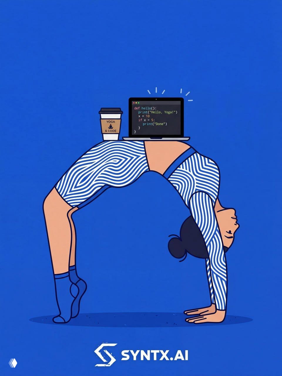 Иллюстрация: женщина делает мостик, на животе у неё ноутбук с кодом и кофе, символизируя баланс йоги и программирования.