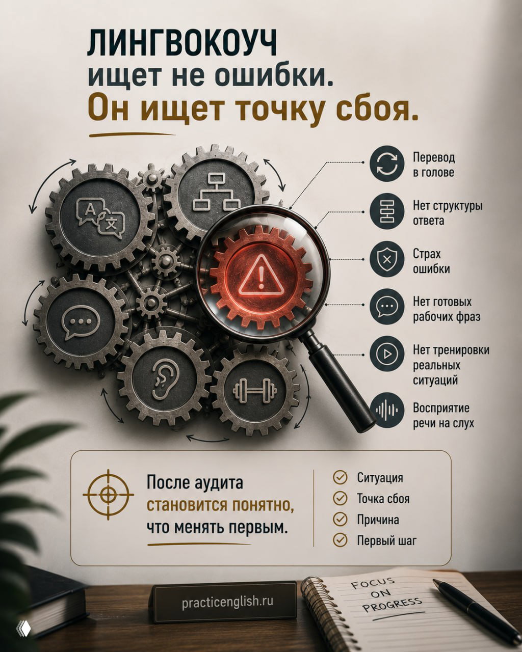 Инфографика: «репетитор vs лингвокоуч» — сравнение фокуса на темах и фокуса на результатах и задачах в работе на английском.