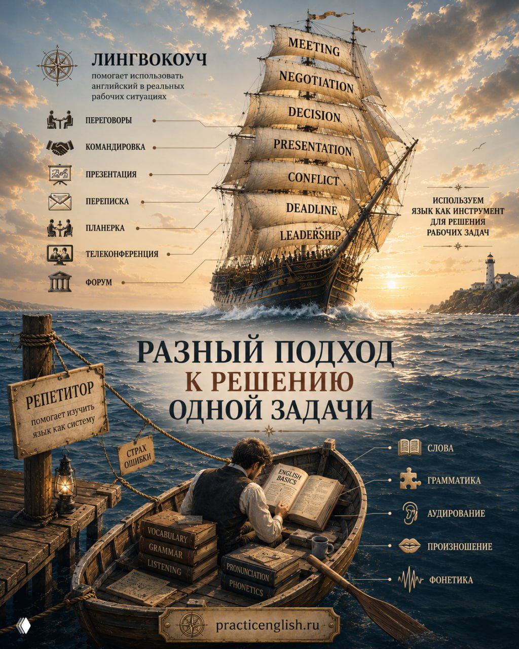 Инфографика‑парусник: корабль с надписями meeting, negotiation, presentation — метафора разных подходов к решению рабочих задач на английском.