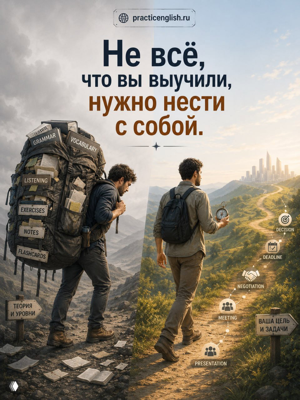 Разделённая иллюстрация: один человек с горой учебников, другой идёт по дороге к целям и использует английский как инструмент решения задач.