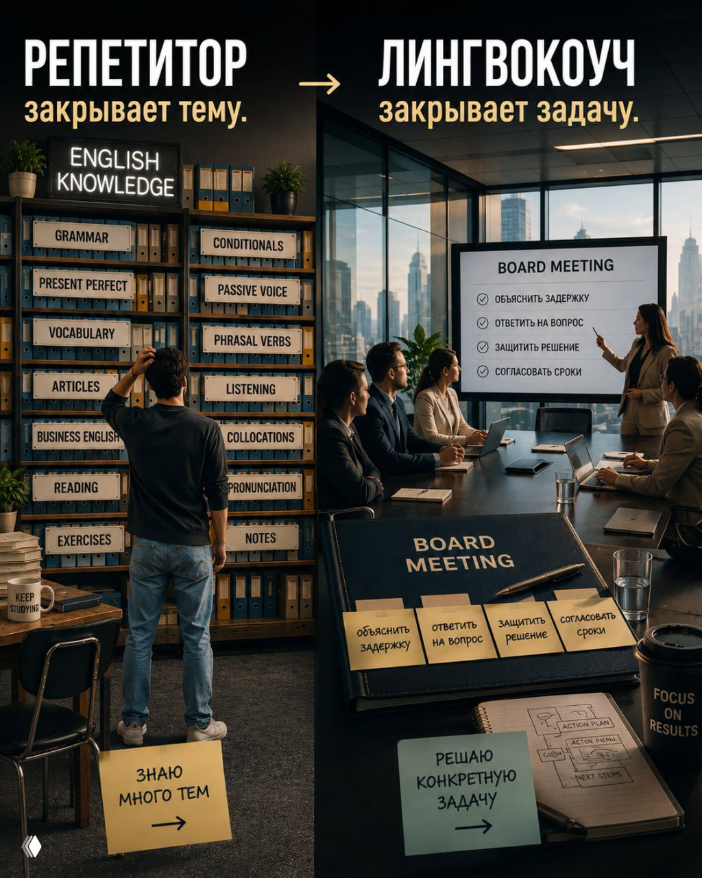 Офисная сцена: с одной стороны стеллажи с темами и материалами, с другой — собрание и конкретные цели совещания на английском.
