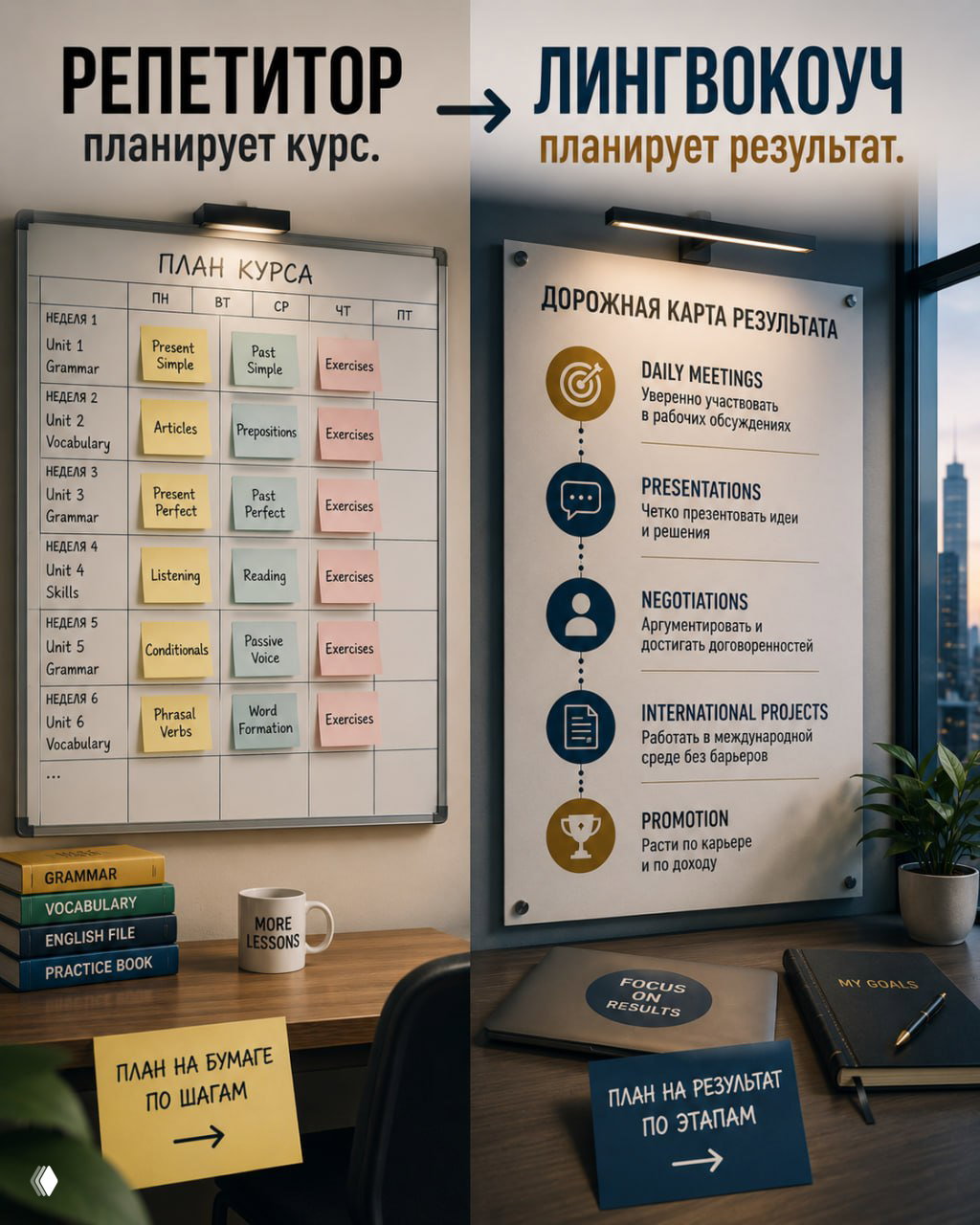 Доска планов и дорожная карта результата: пошаговая схема — meeting, presentation, negotiation, promotion — путь к бизнес‑целям на английском.
