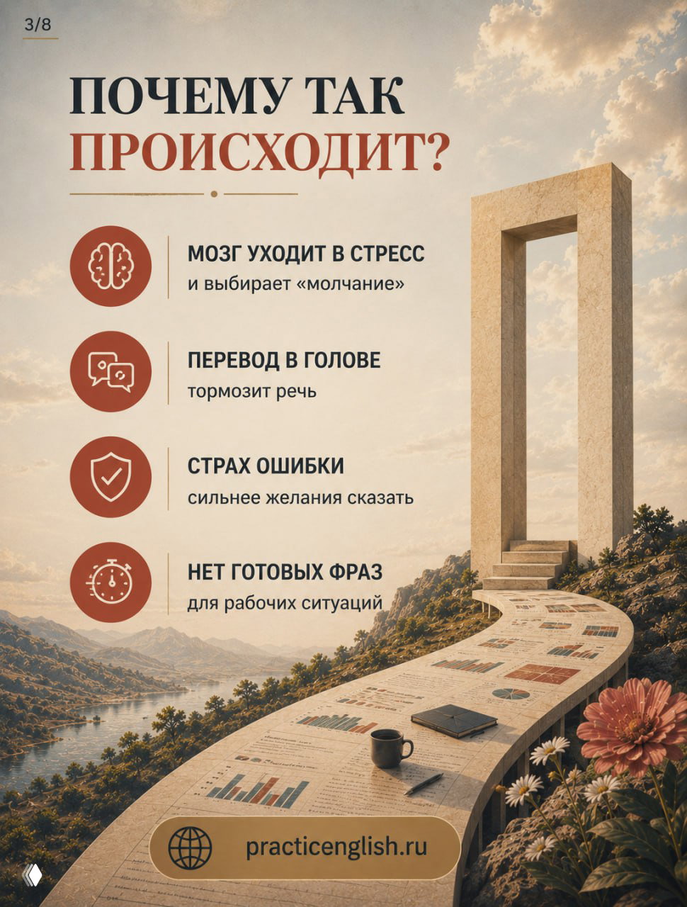Инфографика с причинами молчания: мозг в стрессе, перевод в голове, страх ошибки, нет готовых фраз; дорожка с графиками ведёт в перспективу.
