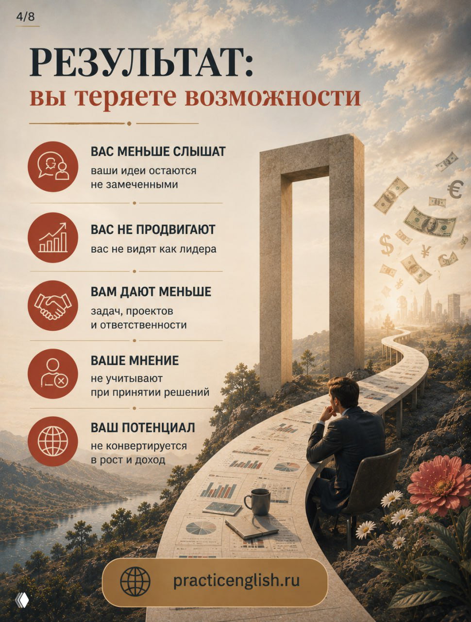 Слайд результатов: список упущенных возможностей — вас меньше слышат, не продвигают, дают меньше задач; деловой стиль и визуал коммуникации.