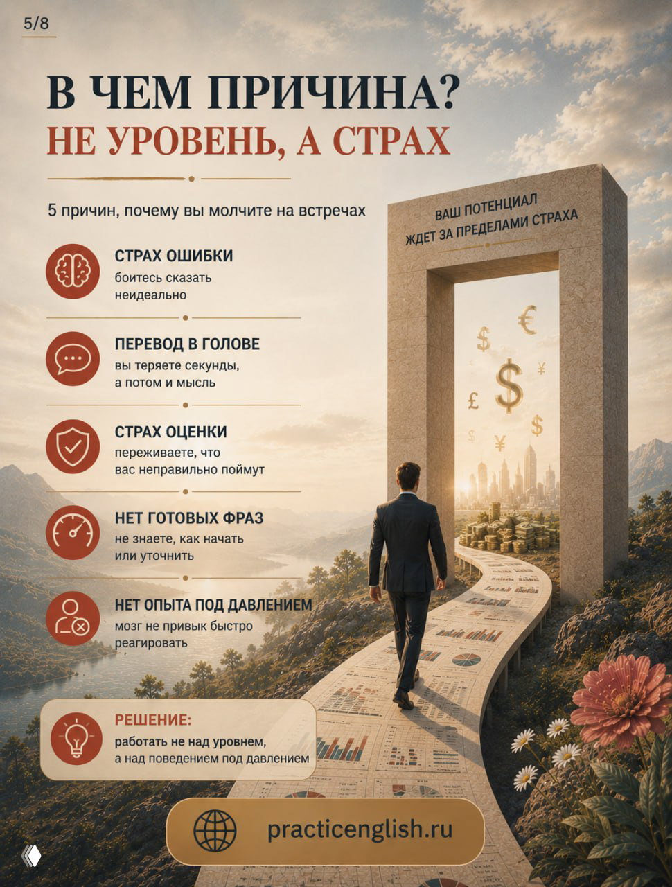 Слайд с заголовком «В чем причина?» перечисляет страхи, перевод в голове и отсутствие опыта под давлением; образ человека, идущего по извилистой дороге.