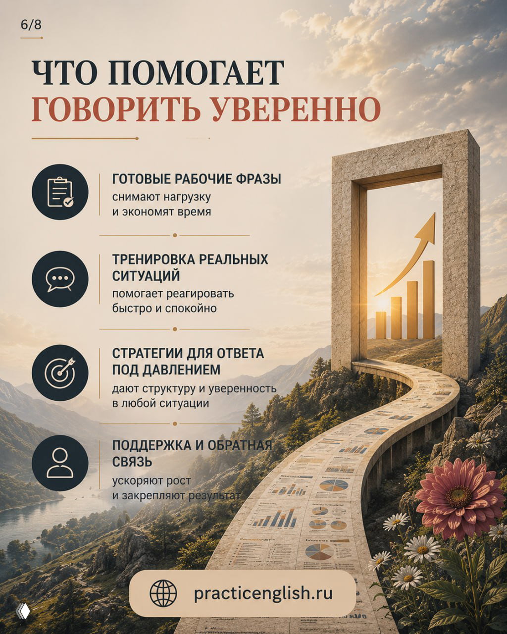 Заключительный слайд: что вы получаете, когда говорите — вас слышат, продвигают, доверяют; символический портал и финансовые метафоры вдалеке.