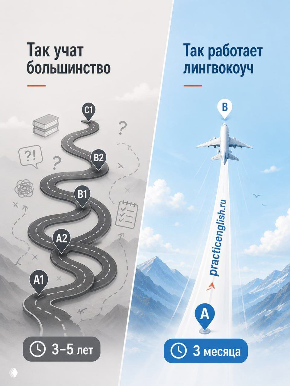 Диптих: слева извилистая дорога уровней A1–C1 как долгий путь, справа прямой подъём самолёта к цели — метафора ускоренного прогресса с коучем.