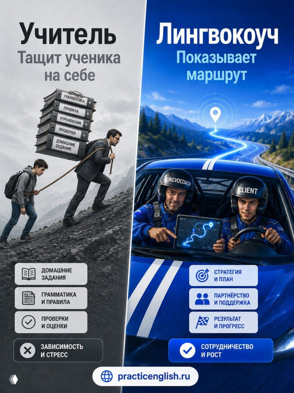 Коллаж: слева учитель тащит ученика с тяжёлой стопкой материалов, справа лингвокоуч показывает маршрут в гоночной машине — система и партнёрство.