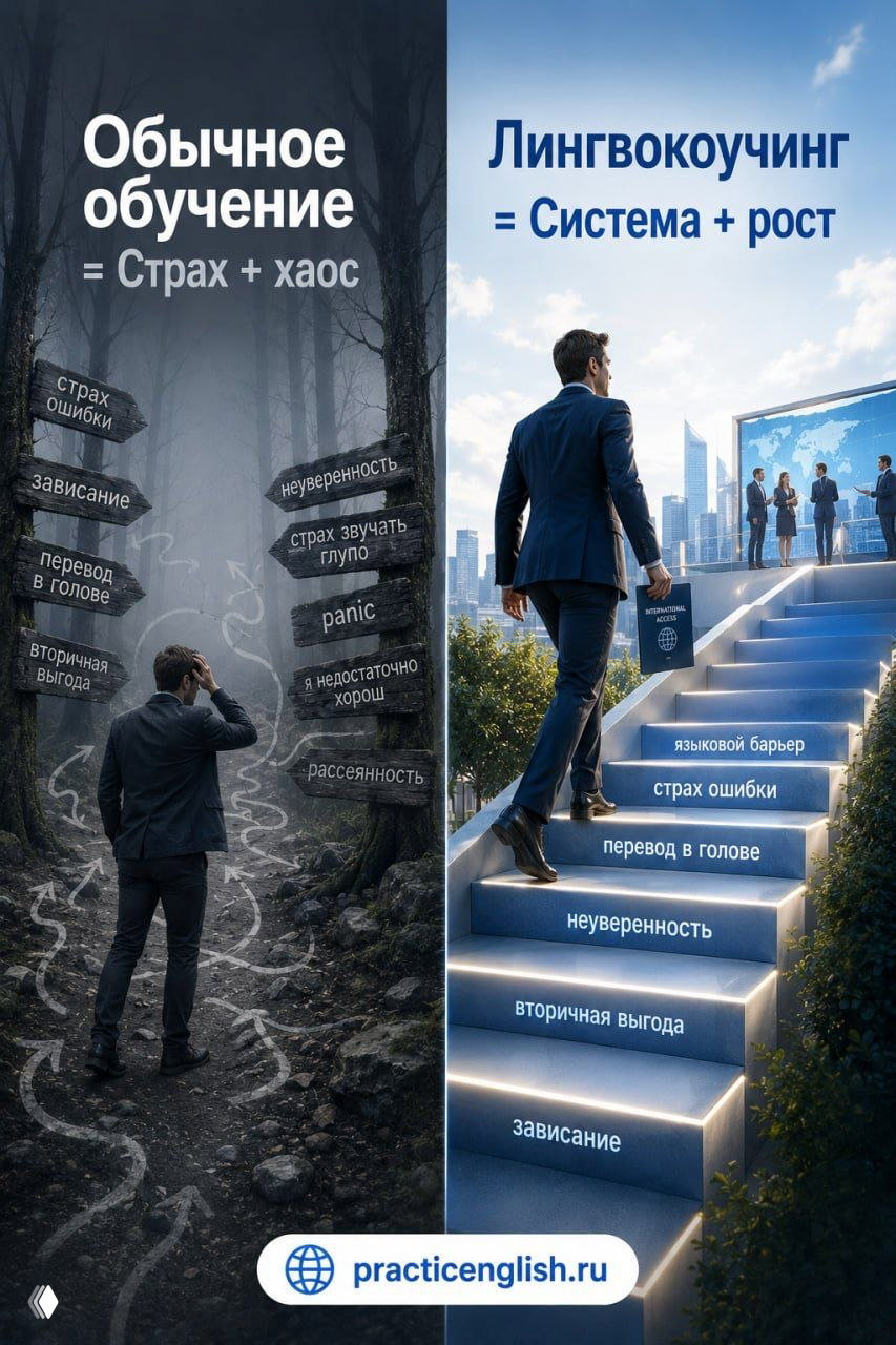 Сравнение: слева страх, хаос и запутанная тропа обычного обучения; справа лестница роста с уверенной речью и интеграцией языка в жизнь.