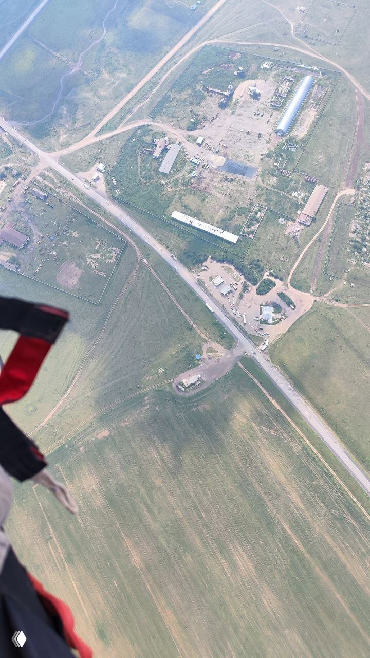 Вид с параплана вниз на сельскую местность: дороги, постройки и поля — кадр полезен для ориентирования в обучающем полёте.
