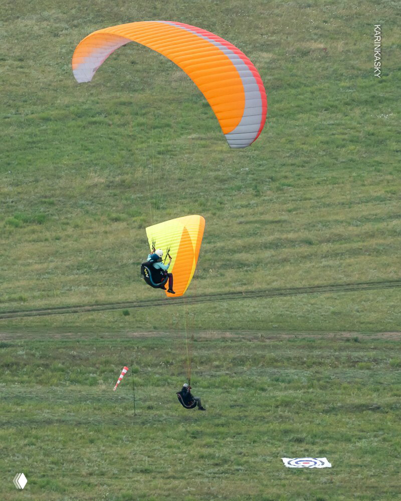 Два пилота на разноцветных парапланах над зелёным полем при заходе на посадку; видна мишень для приземления.