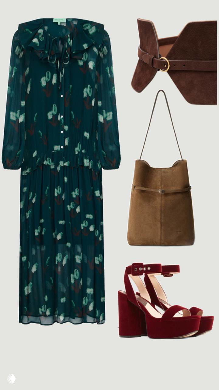 Композиция образа: платье в паре с коричневым замшевым ремнём, сумкой и бордовыми босоножками — идеи для бохо-образа.