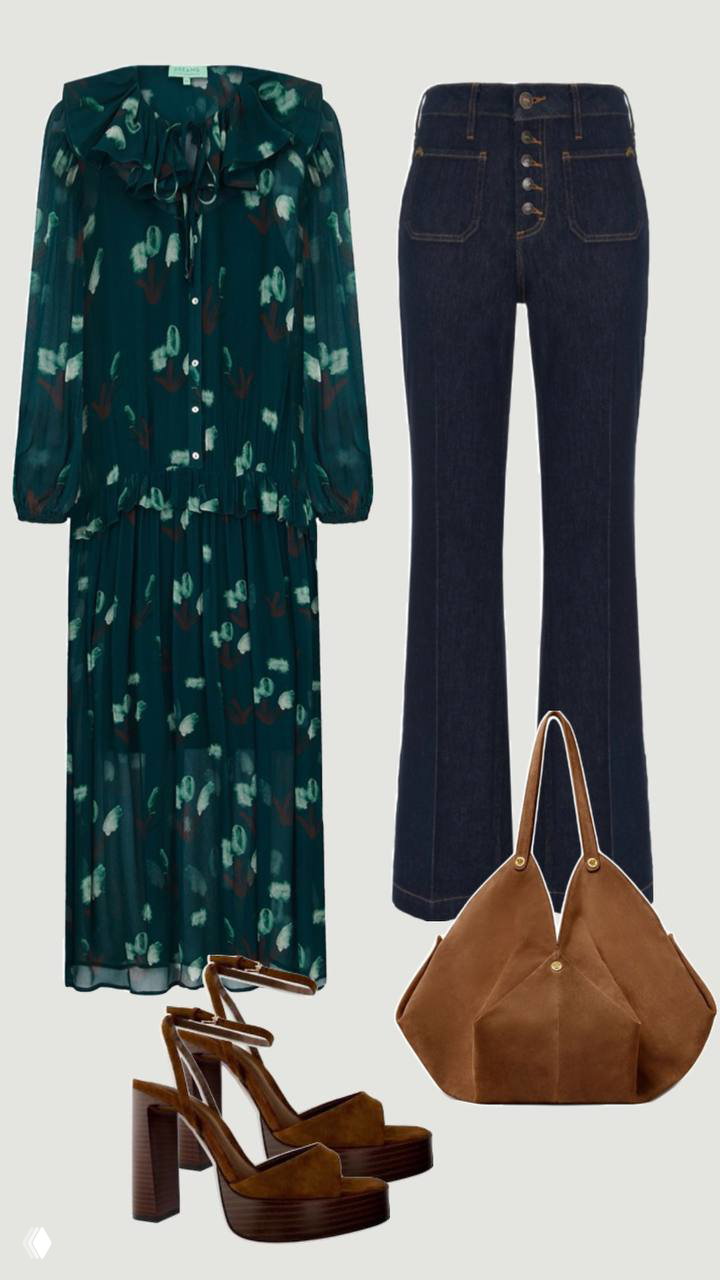 Городской вариант: платье рядом с высокой джинсовой моделью, сумкой и платформенными босоножками — сочетание для прогулок.