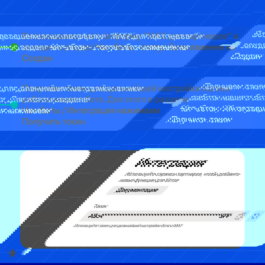 Скриншот раздела «Интеграция» на платформе MAX с полем «Токен» — пример частично скрытого токена для дальнейшей настройки бота.