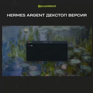 Скриншот десктопной версии Hermes Agent: окно приложения с тёмной консолью на размытом художественном фоне, демонстрация интерфейса.