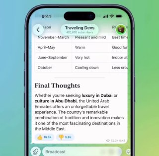 Скриншот интерфейса Telegram на смартфоне с длинной публикацией и таблицей, демонстрация продвинутого текстового редактора и верстки внутри сообщения