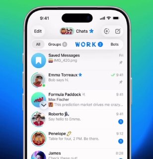 Экран чатов Telegram на iPhone: список диалогов и разделы, метки групп и ботов, иллюстрация обновлённого интерфейса и навигации
