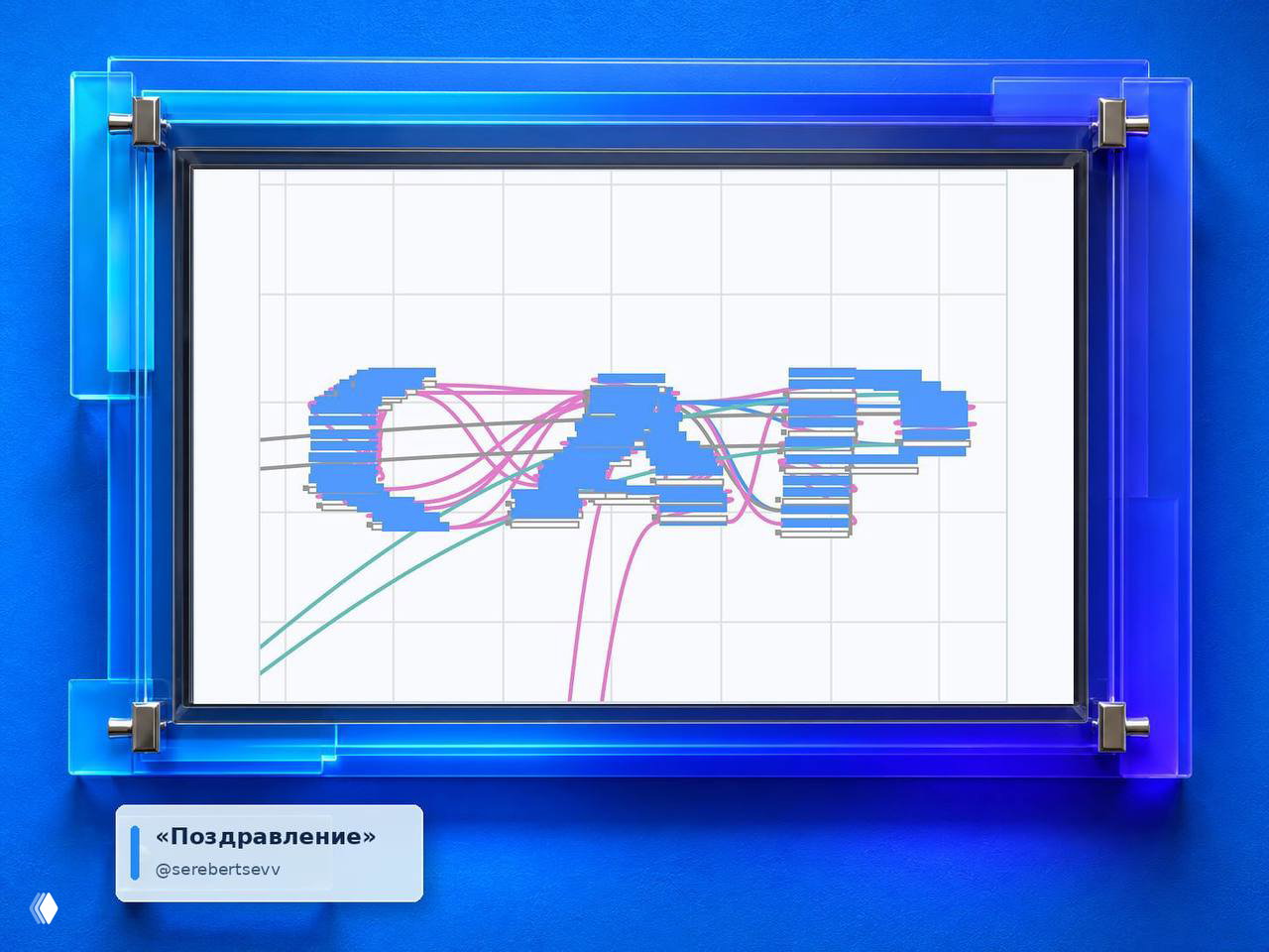 Диаграмма с буквенным мотивом CAP, соединённые цветные линии и прямоугольники на клетчатом фоне, экспонированная в рамке с подписью «Поздравление», ник @serebertsevv.
