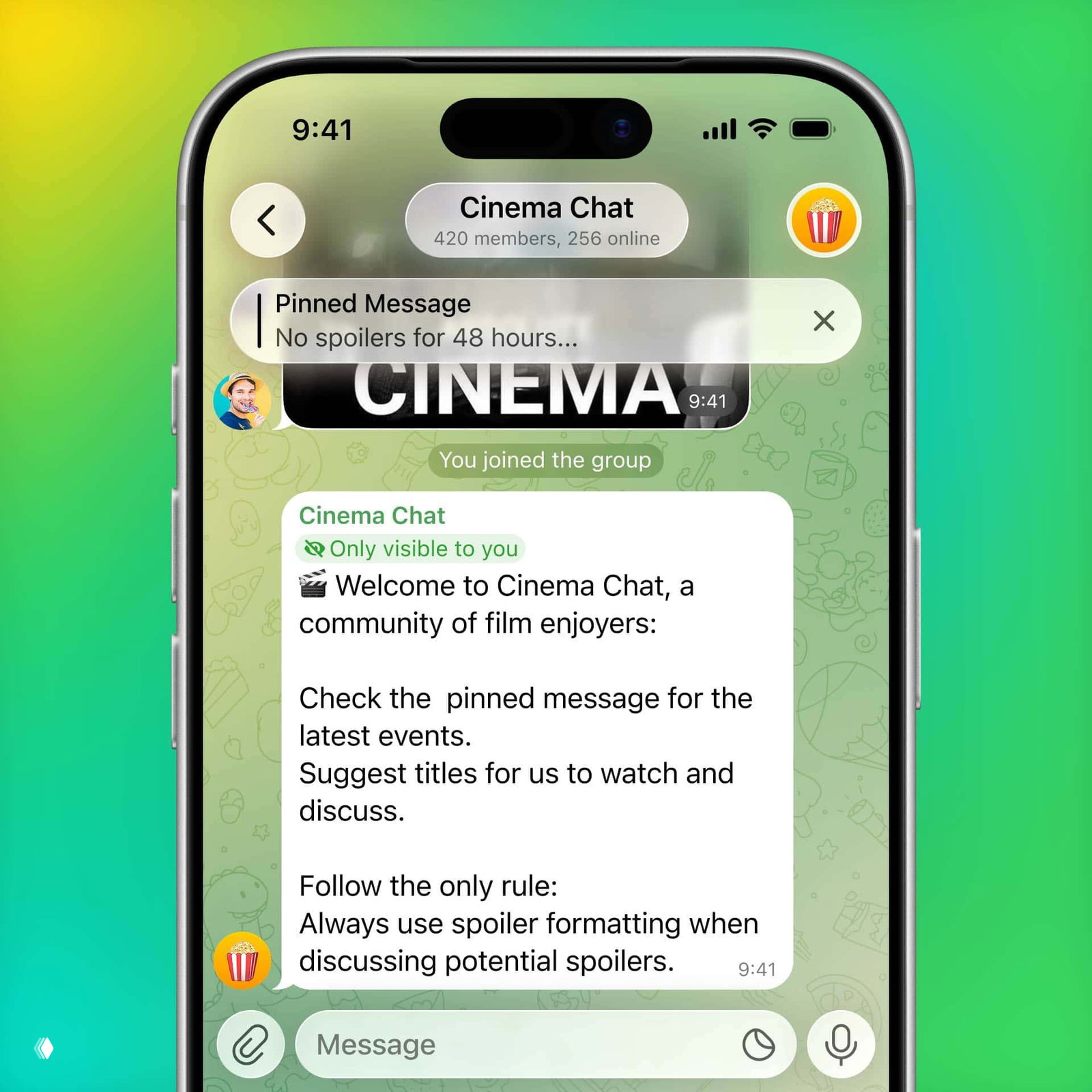Снимок экрана телефона с приветственным сообщением в чате «Cinema Chat», заметна пометка «Only visible to you» и фон приложения в зелёном градиенте