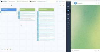 Скриншот интерфейса конструктора мини‑приложений: блоки логики слева и панель предпросмотра справа, показ настройки уведомлений об источнике.