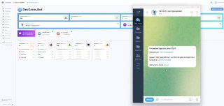 Скриншот интерфейса PuzzleBot: панель настроек проекта слева и окно Telegram с примером сообщения о недоступности бота.